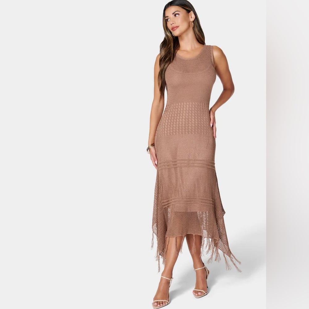 bebe Crochet Fringed Hem Sleeveless Brown Midi Dress Sz M